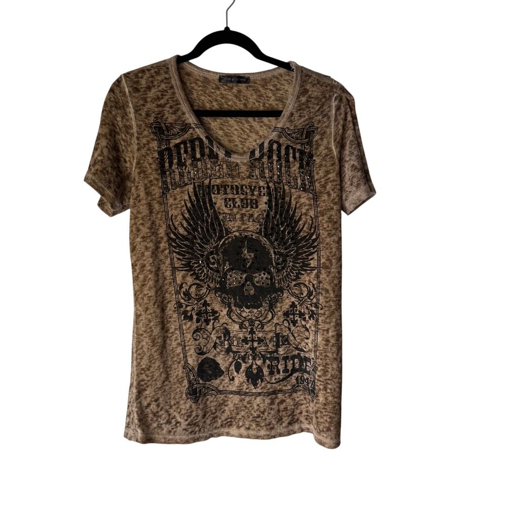 Voice Of California Rebel Rock Graphic Tee‎ USA Size L Brown Skull Biker Shirt